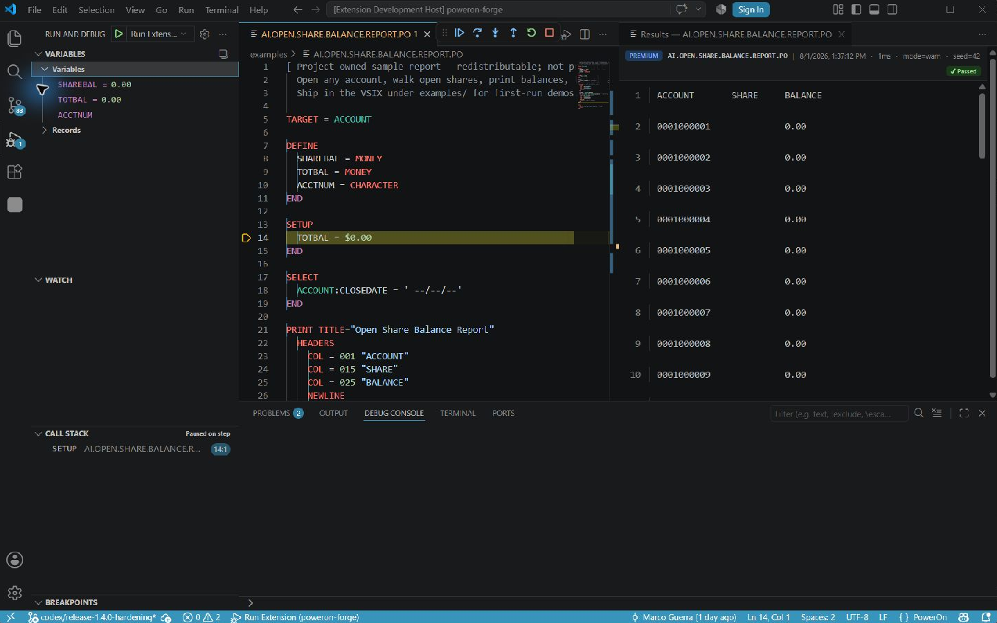 PowerOn Forge debugger paused at a fixture breakpoint with variables and call stack