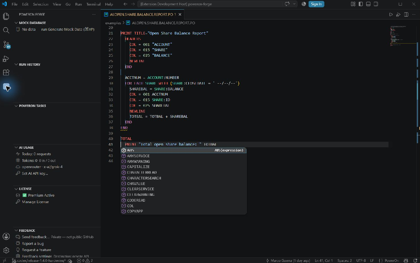 PowerOn fixture open in VS Code with PowerOn Forge language diagnostics and completion