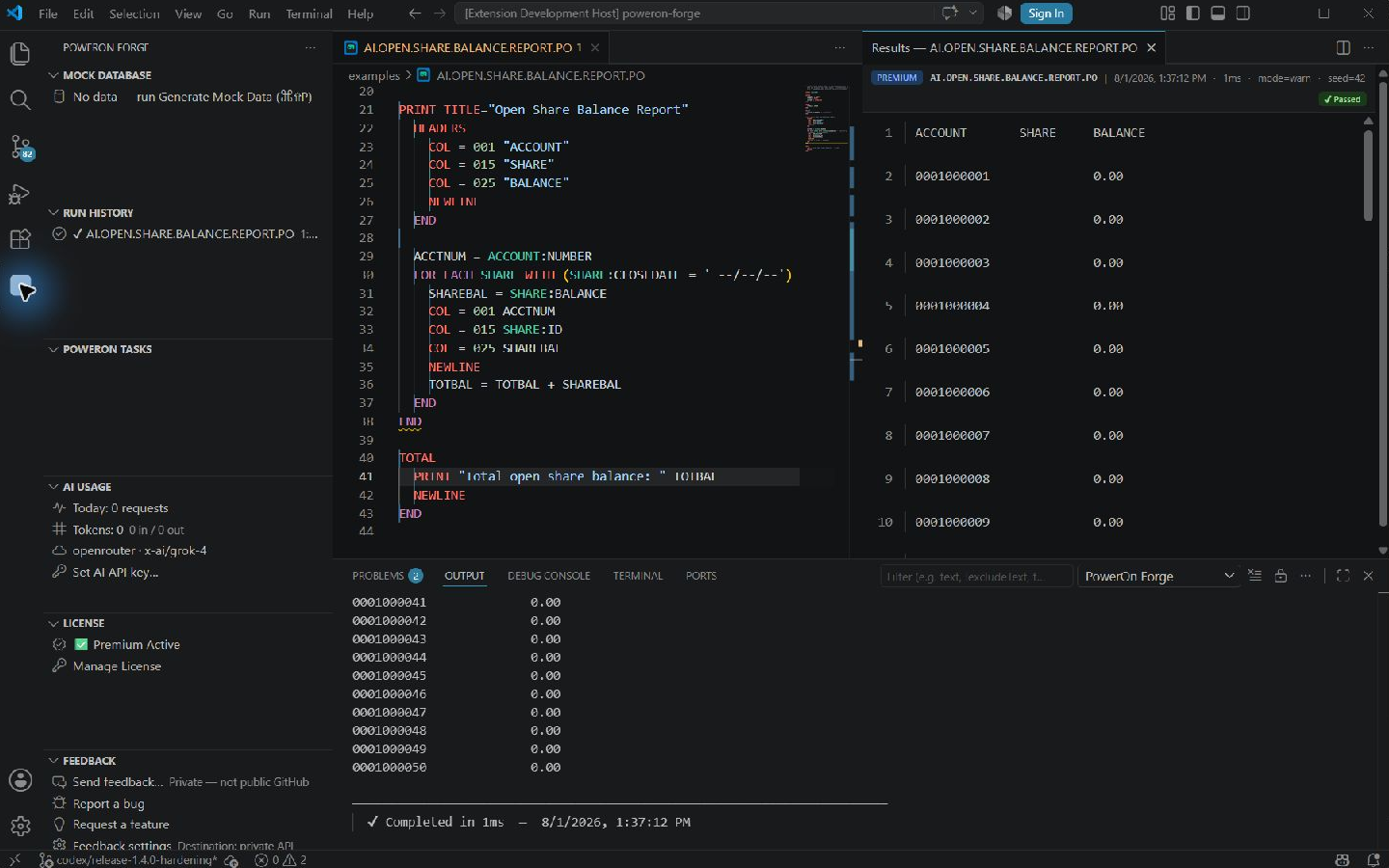 PowerOn fixture and its offline mock runtime output in VS Code